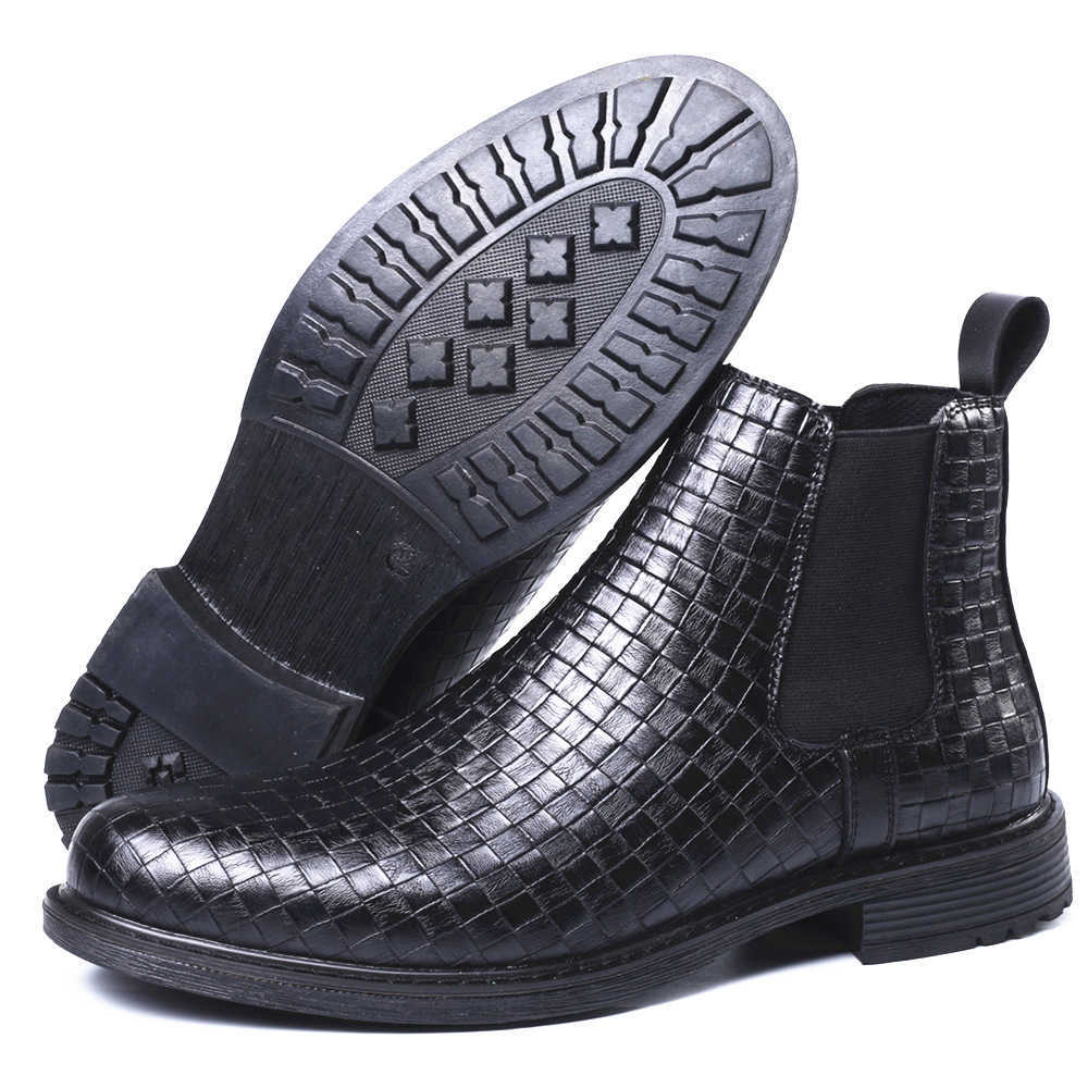 HPIOPL8806 woven pattern handmade elastic mouth cover high top leather boots Chelsea leather boots