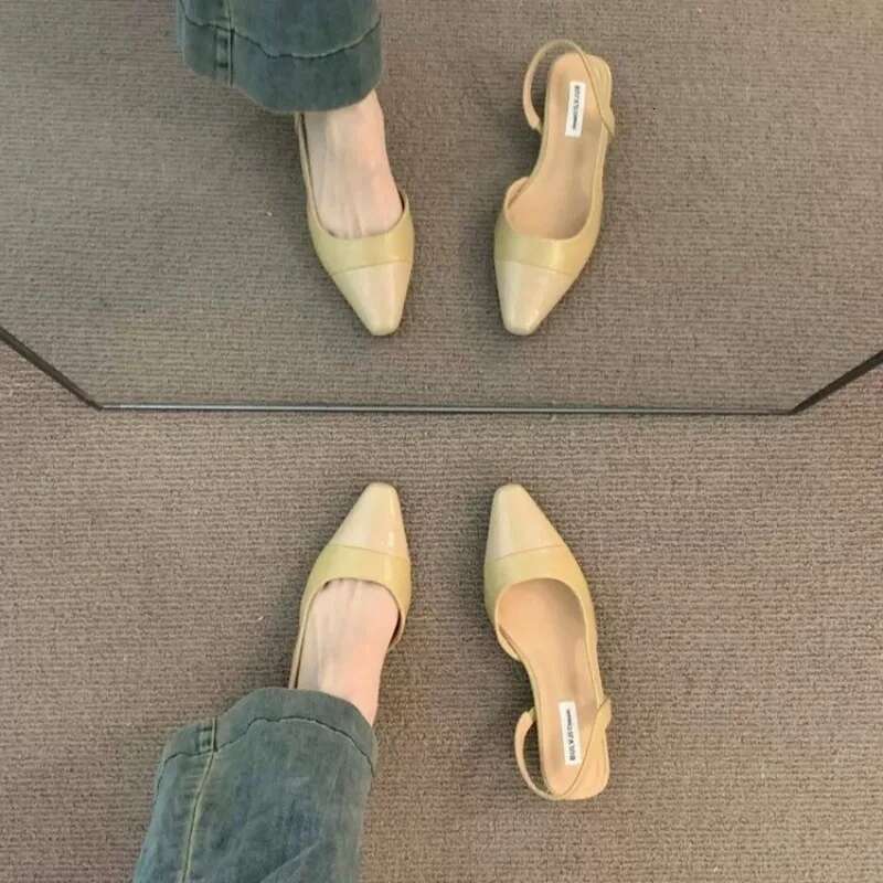 2024 Low Heel Baotou Sandals Women's French Nude Color Pointed Small Fragrant Ladies Thick Heels Back Air Style Single Shoes