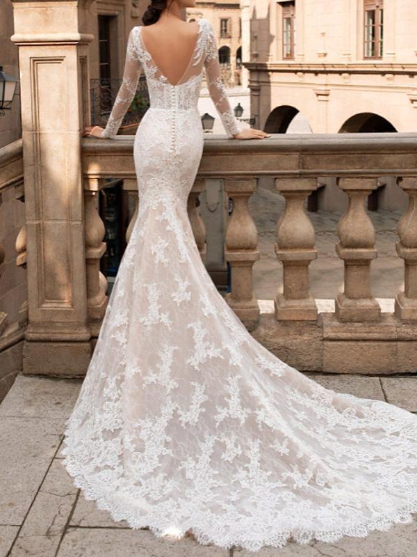 Modest Sleeve Lace Mermaid Wedding Dresses Sexy Backless Jewel Neck Appliques Ruched Long Bridal Gowns Robes de mariage BC18635