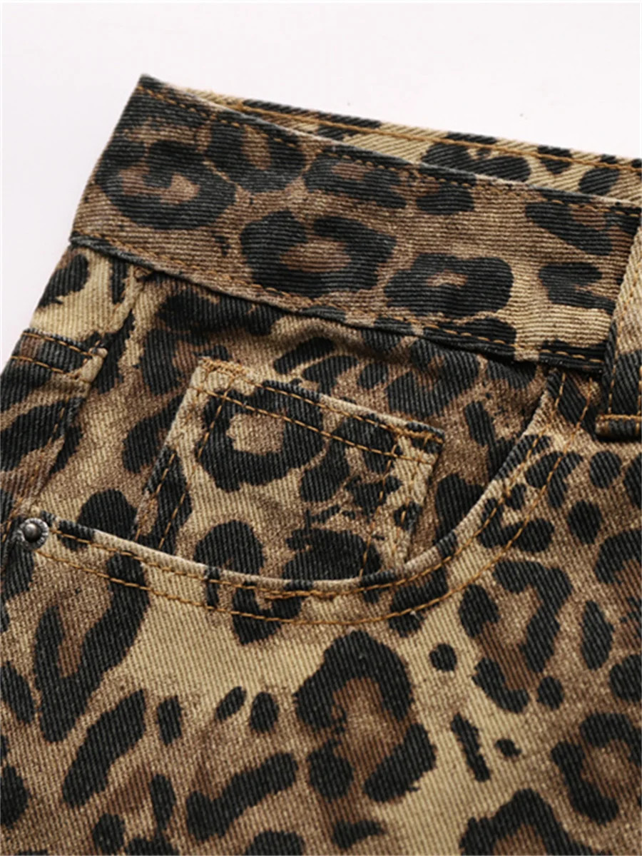 Leopard Print Denim Skirts for Women American Retro Y2k Fashion Streetwear High Waisted Mini Jeans Skirts Hip Hop Vintage Skirts 240419