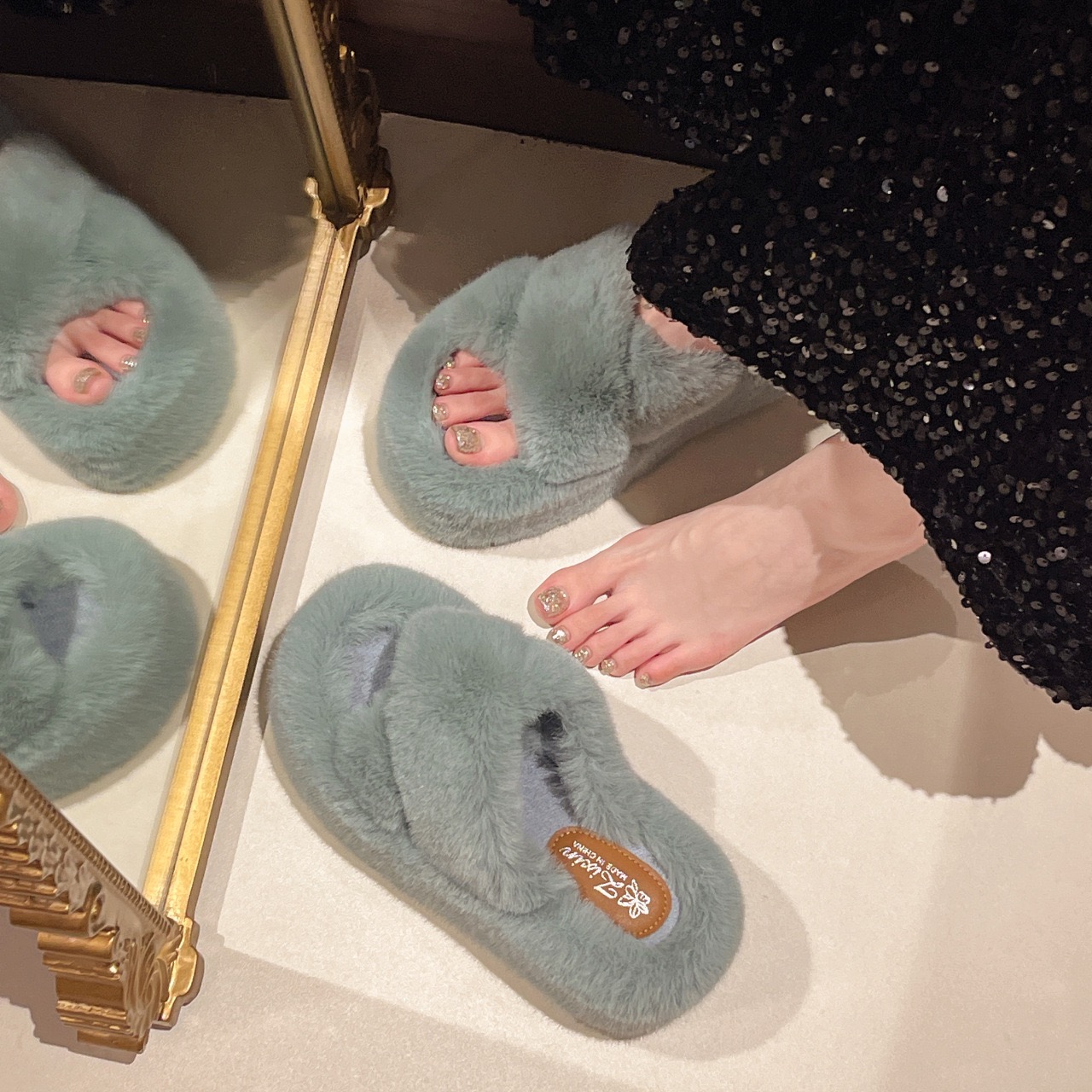 band Cross slippers women cut-out solid color slides ladies comfy indoor flipps rabbit fur New open toe femmes pantoufles