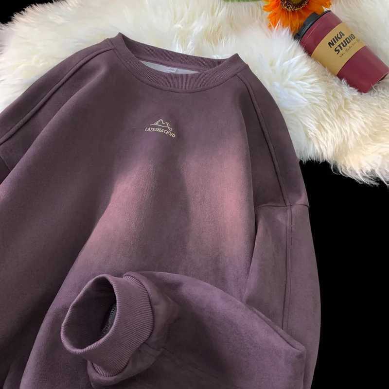 Trendy Streetwear Suede Crew Neck Sweatshirt Men Women Sweatshirt Embroidered Pattern Heavy Weight Couple Pullover Sweatshirts M250311