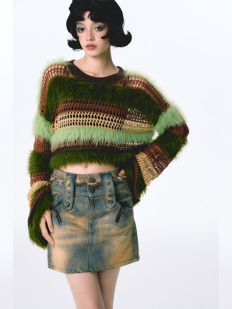 Haruku New Patchwork Oversized Autumn Winter Jumper Short Sweater Women Kawaii Fashion Hollow Pullover Sueter Mujer