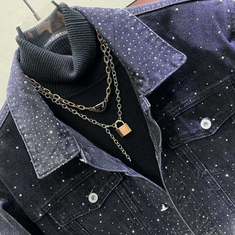 High-End Starry Rhie Jackets Men's Versatile Handsome Denim Loose Fashion Shiny Jacket Long Sleeve Tops
