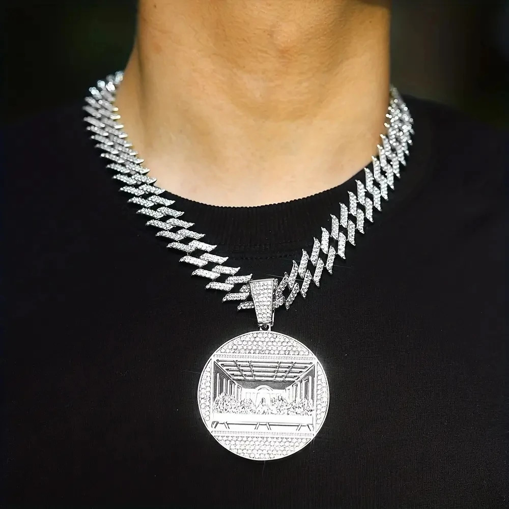Hip Hop Last Supper Pendant Necklace Iced out Jesus Religious Pendant Cuban Chain Rapper Jewelry for Men and Women Gifts 240323