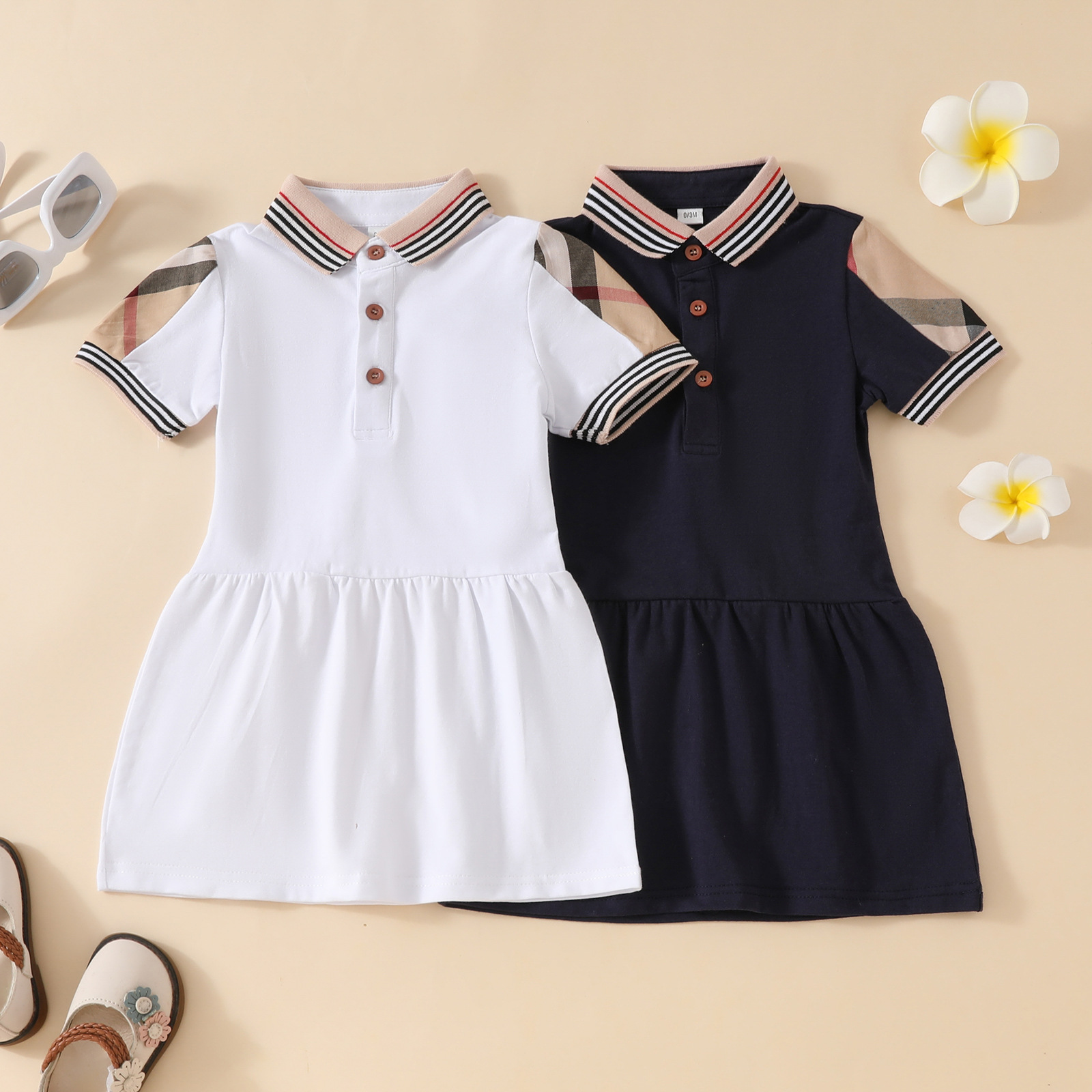 Summer Baby Girls Princess Dresses Cotton Kids Short Sleeve Plaid Dress Girl Turn-Down Collar Dress Children Skirt R250424