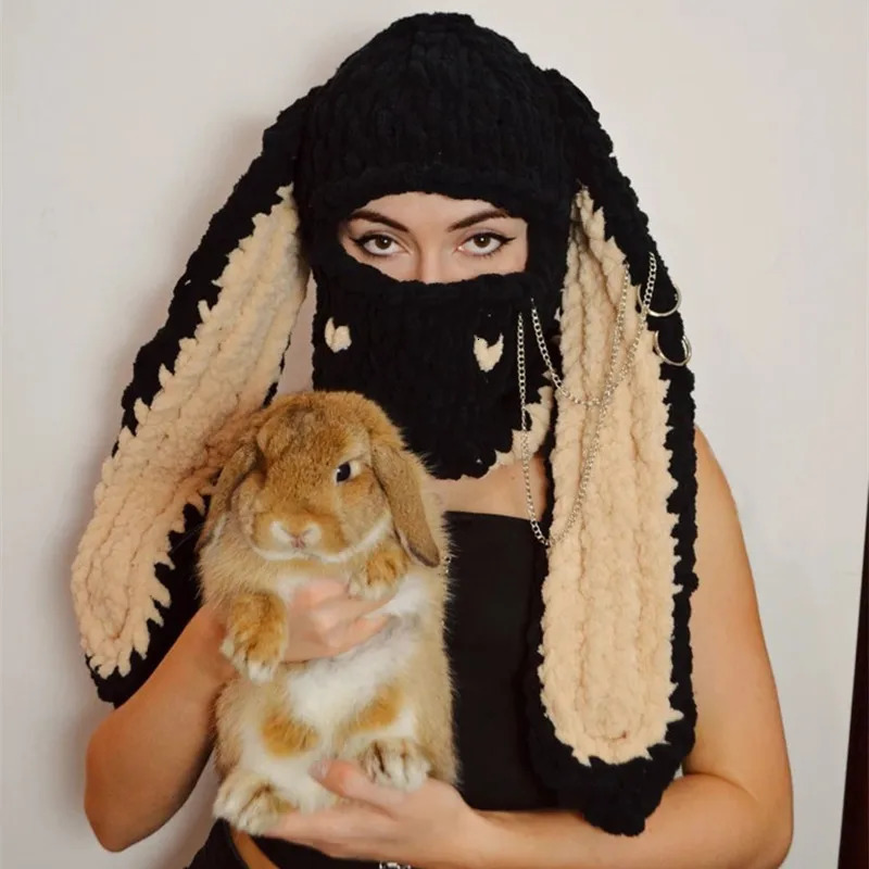 Bear Ears Crochet Balaclava Women Handmade Chain Circle Knitted Hat Fashion Party Chenille Mask Warm Ear Protection Skullies Cap 240419