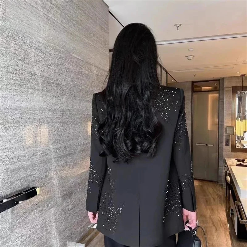 High-grade Rhinestone Black Small Suit Jacket Female 2025 Spring and Autumn Double-breasted Loose Casual Fashion Blazer Top 241118