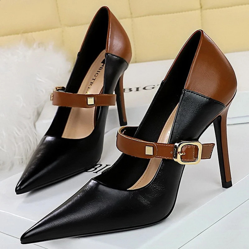 Retro Women Pumps Mixed Colors High Heels Stilettos Pu Leather Shoes Women Metal Buckle Women Heels Office Shoes Large Size 43 241118