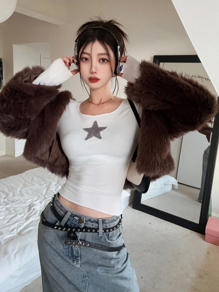 American Retro Star T Shirt Women Spring Autumn Vintage Long Sleeve Basic Tees Streetwear Casual Sexy Slim Crop Top Y2k Clothes 240409