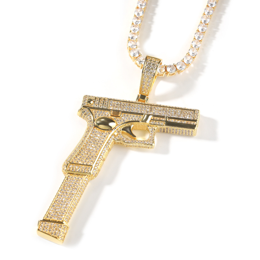 Hip Hop Punk Vintage Hand Gun Pendant Necklace 5A Zircon 18k Real Gold Plated Street Rap Jewelry