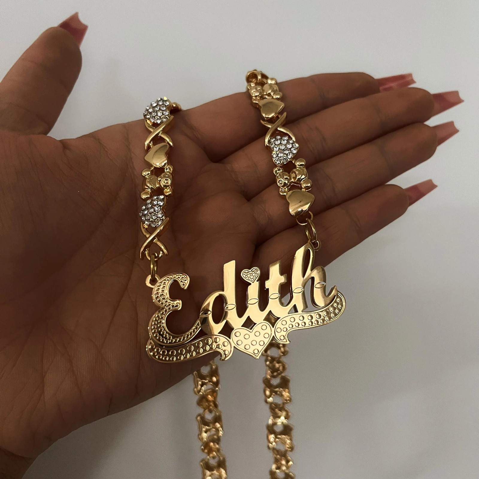 Personalized Teddy Bear Chain Name Necklace with Diamond 3D Double Layer Name Board DIY Custom Name Necklace Gold Womens Gift 241118 - view 3