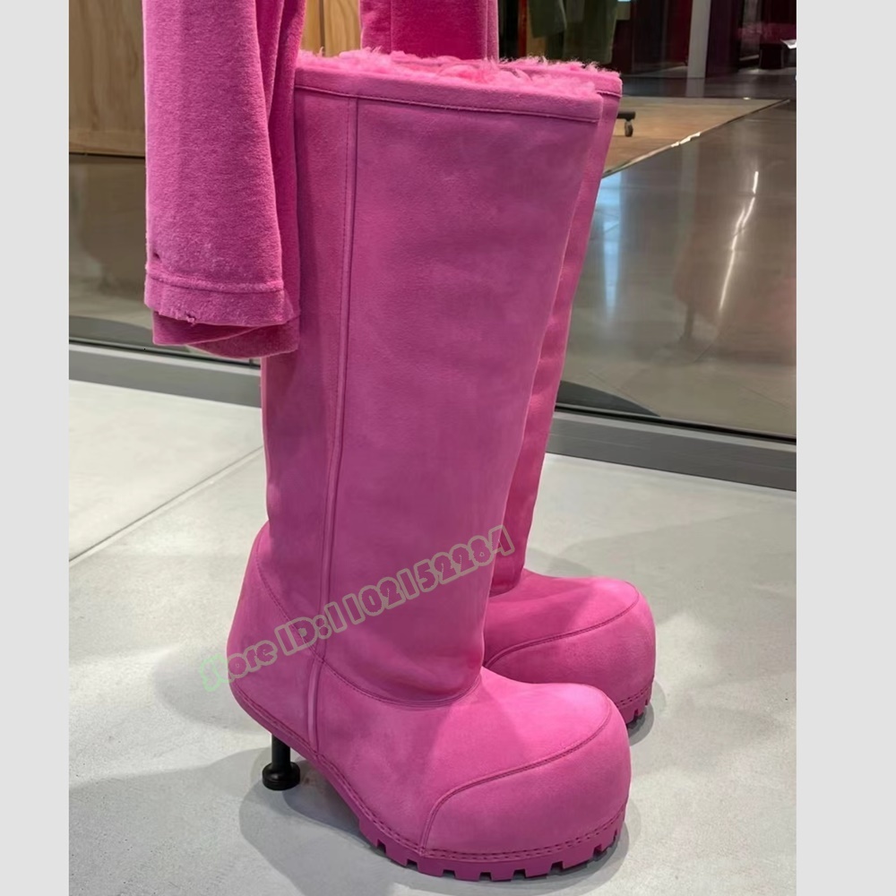 Fur Suede Knee Round Big Toe Thin High Heels Solid Women Shoes Winter Party Designer Slip On Long Warm Boots