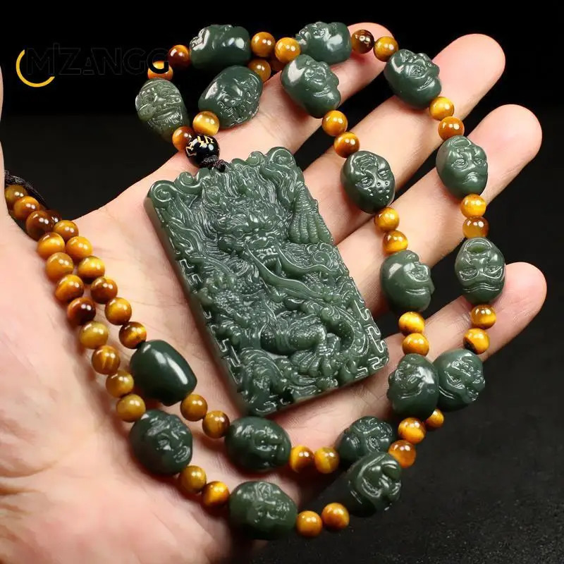 Natural Hetian Jade Twelve Zodiac Dragon Pendant Green Jade Dragon Mens Jade Necklace Hand drawn Fashion Jewelry Lucky Charm 241119 - view 5