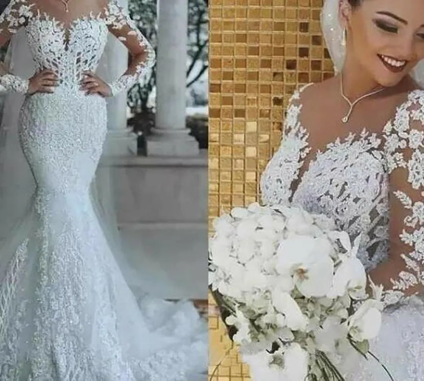 Romantic Gorgeous Long Sleeve Mermaid Wedding Dresses Beading Lace Princess Bridal Gown Custom Made Appliques See Through BA9863
