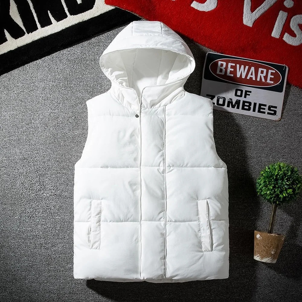White Vest Jacket with Hood Men Fashion Clothing Korean Style Hooded Vest Coat Men Autumn Winter Sleeveless Mens Jacket 3XL 241118
