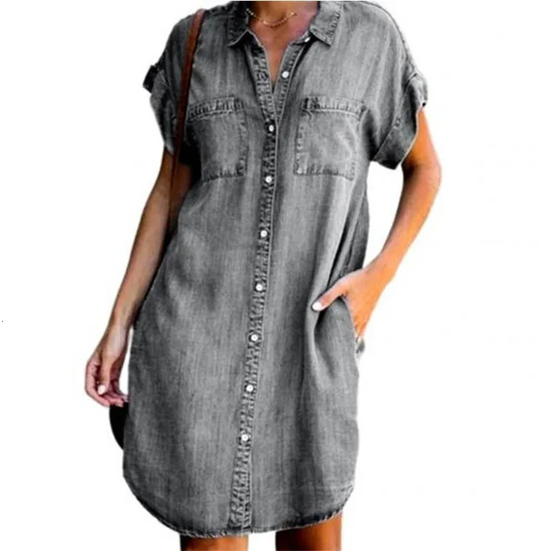 Plus Size Women Denim Shirt Dresses Short Sleeve Distressed Jean Dress Button Down Casual Tunic Top 240403