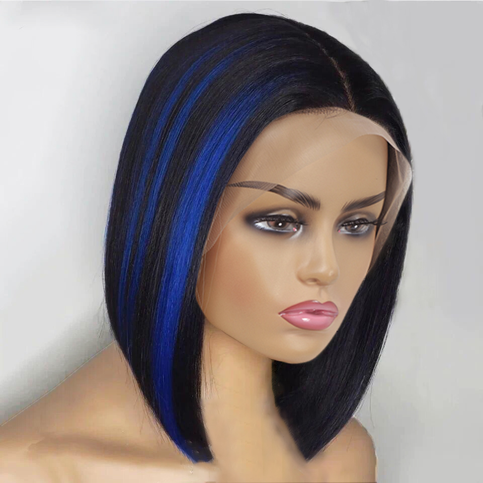 1B Blue Highlight Straight Bob Wig 13x4 Lace Frontal Human Hair Bob Wigs Ombre Straight Short Lace Front Bob Wig