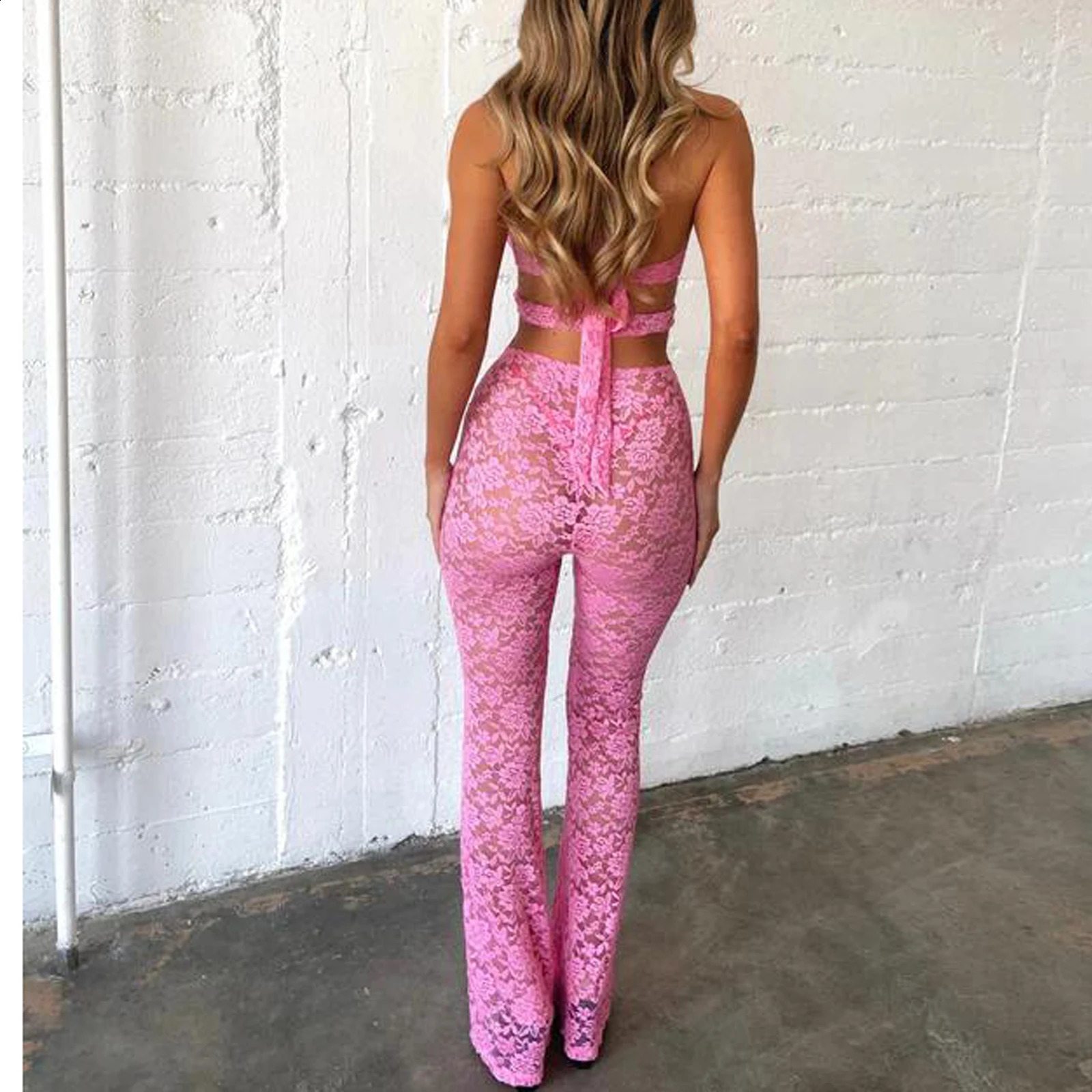Hirigin Womens Sexy See Through Pants jumpsuit Fashion Deep V-neck Floral Lace jumpsuit Cut Mesh Set 241115