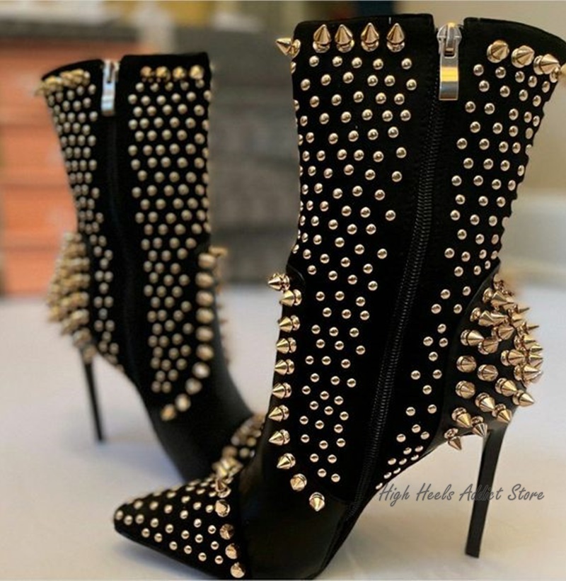 Black Studded Ankle Boots Women Sexy Full Stud High Heels Leather Booties Designer Party Stage Dress Shoes Free Shipping