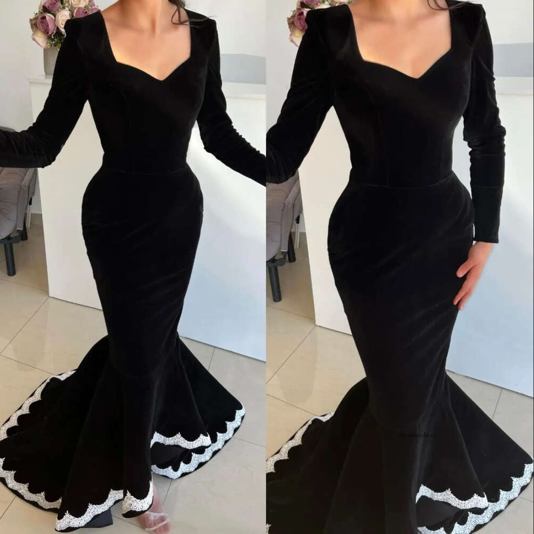 Black Elegant Plus Size Mermaid Evening Dresses For Women V Neck Veet Lace Applique Birthday Prom Celebrity Pageant Gowns Bc eet