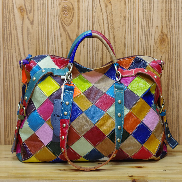 Genuine Leather Women's High Quality Casual Design Colorful Handbag Shoulder Ladies Color Block Tote Bag BagVoyage