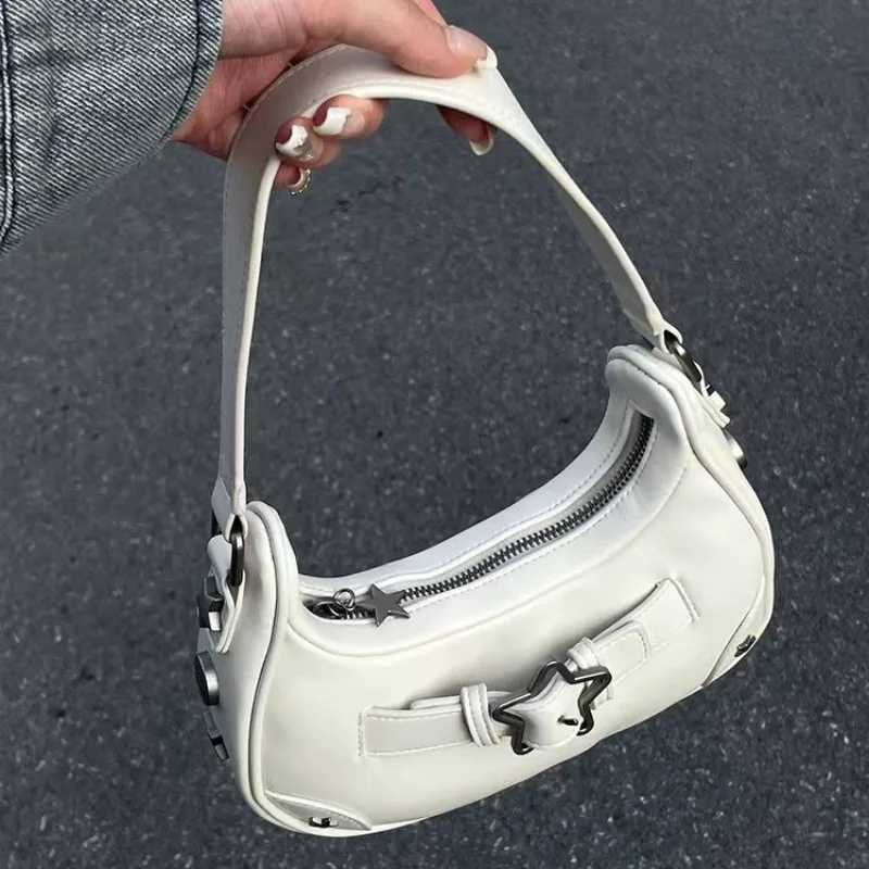 Vintage Korean Casual Cute White Star Shoder Underarm Tote Bag Ladies Sling Bags Leather Zip Purses Handbags For Wen Z250515