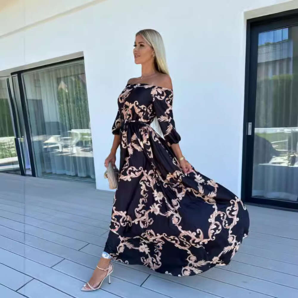 Long Skirt Summer New Seaside Vacation Style One Line Collar Printed Dress F41939