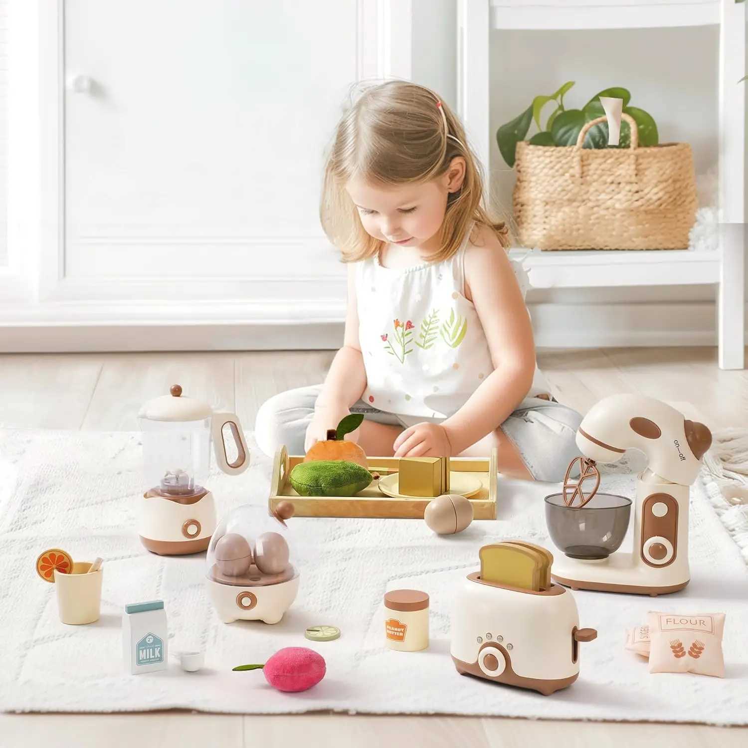 Robud Kids Toy Kitchen Set Wooden Game Kitchen Utensils with Toaster Blender Childrens Game Set 4 sets W241119