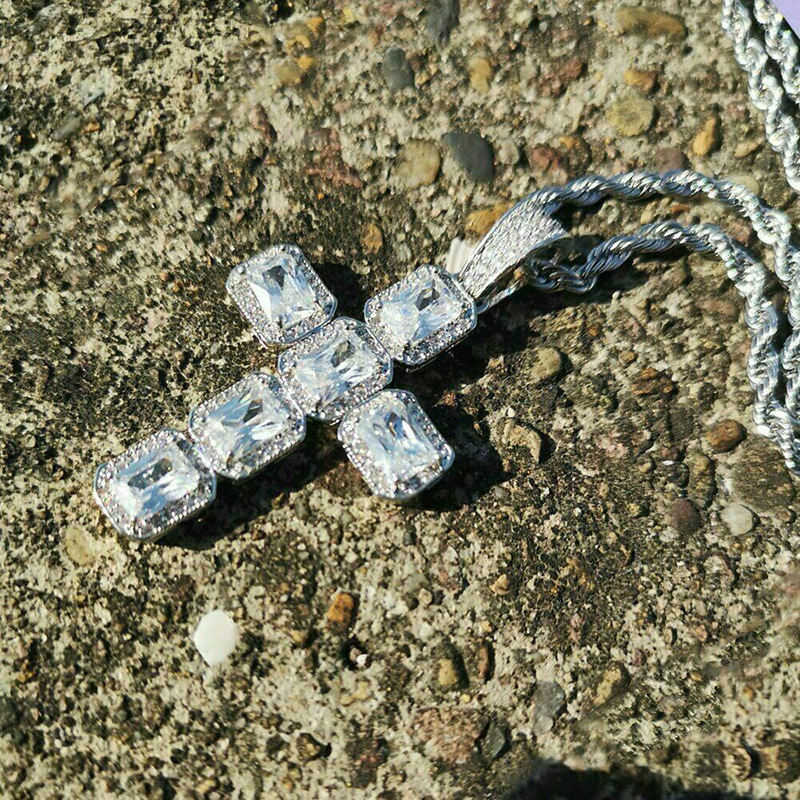 Hip Hop Cross Pendant: 10KT White Gold Fill Princess Cut Cubic Zirconia Vintage Jewelry Necklace for Men and Women