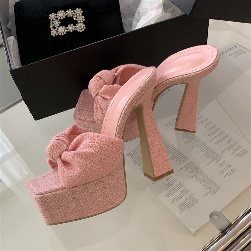Eilyken Chunky Platform Woman Slippers Butterfly-knot Open Toe Wedding Banquet Sandals Extreme High Heels Slide Shoes 241118