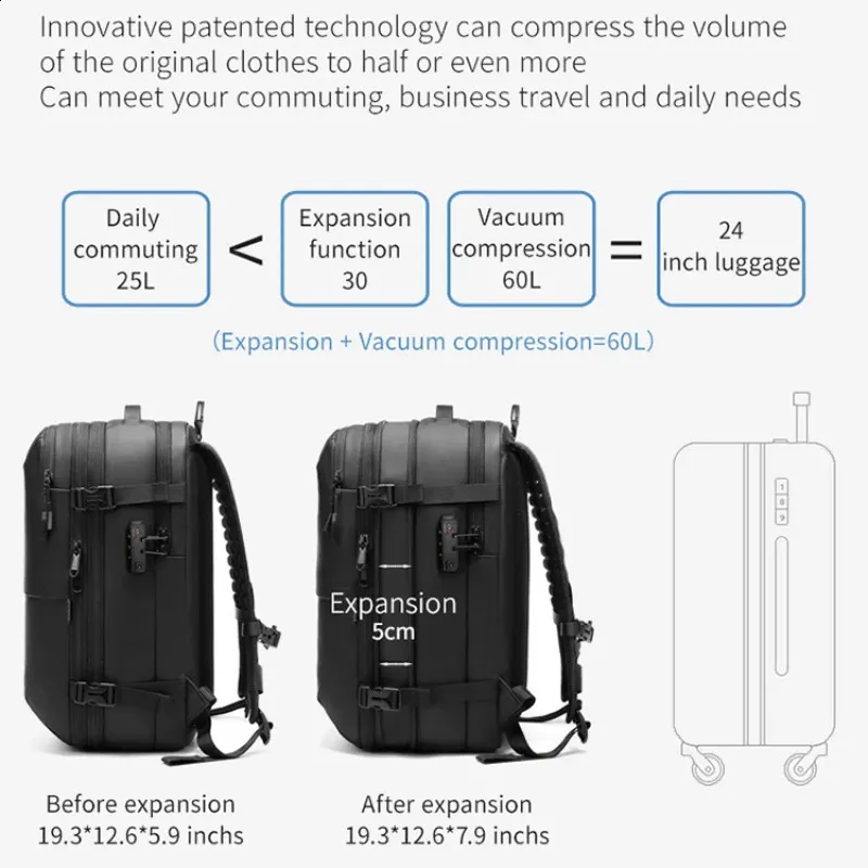 Airback vacuum compression backpack with pump expandable travel suitable for men women and airline approved business bags 60L