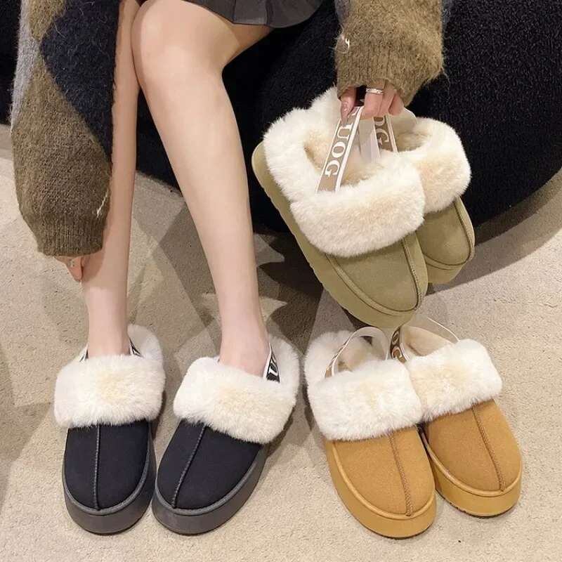 Fashion Platform Women Casual Home Suede Fur Warm Sgback Flip ps Hot Sale Brand Plush Cotton Slippers Flats Shoes