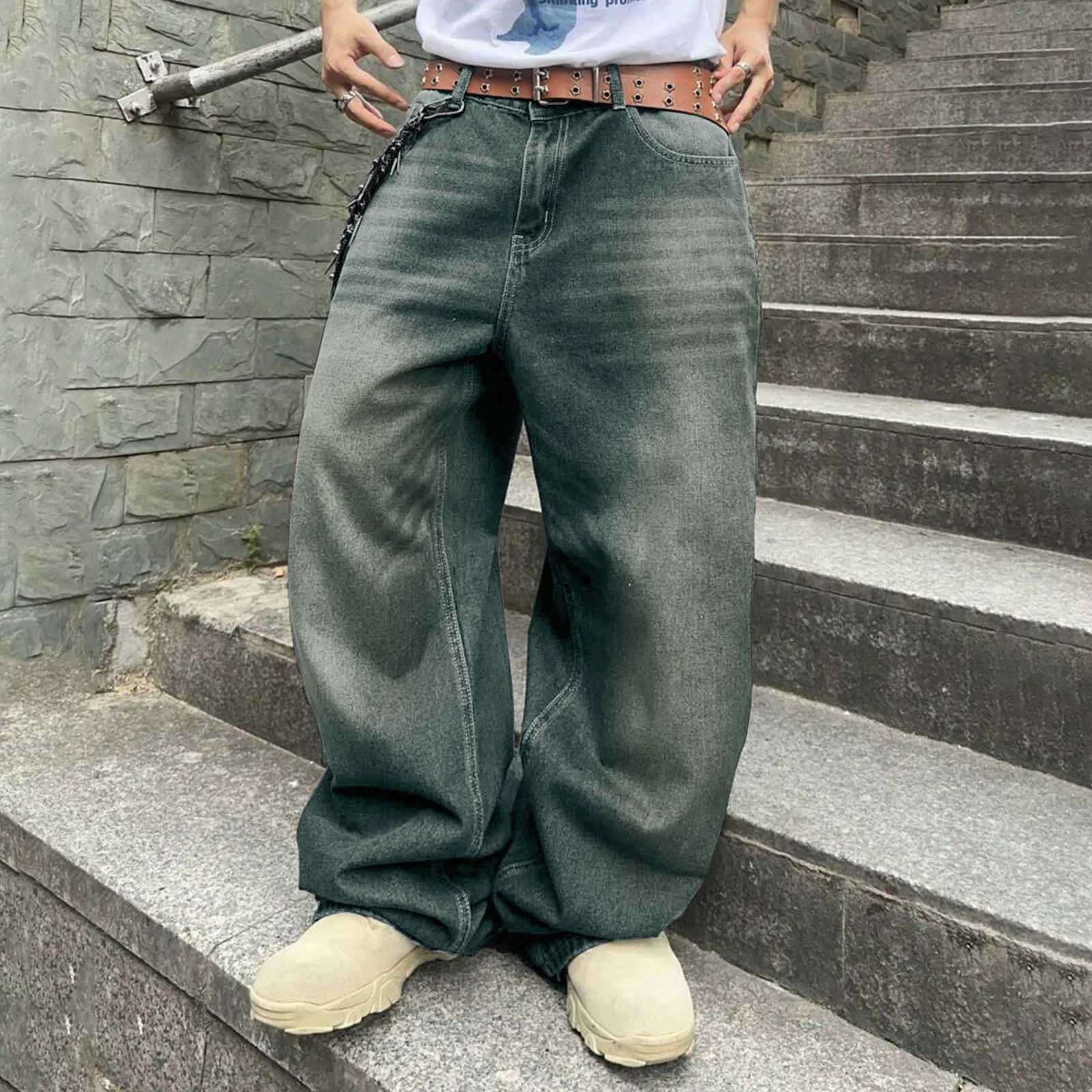 Mens Baggy Hip Hop Jeans Loose Fit Wide Leg Skater Denim Pants Casual Korean Fashion Long Trousers Streetwear Dark Blue Black W250510