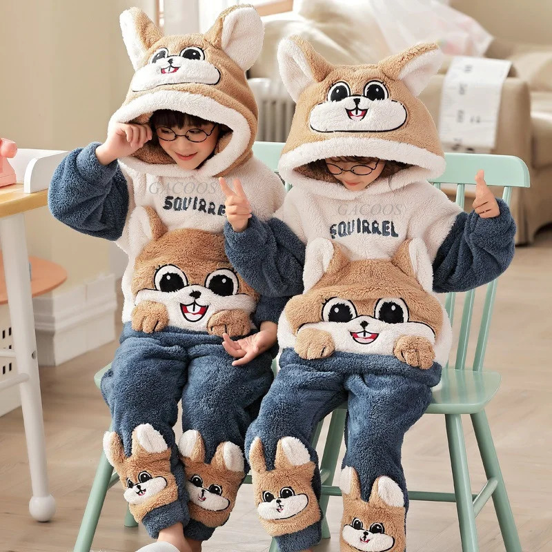 Winter Childrens Pajamas Childrens Plush Thick Pajama Set Pajamas Boys and Girls Pajamas Hoodies Pajamas 4 6 8 12 Years 241118