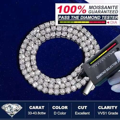 12.4Ct-43.8Ct D Color Vvs1 Cut Moissanite Tennis Necklace White Gold Plated Sterg Sier Chain Lab Created Dia