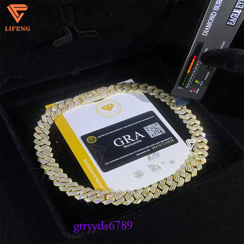 Custom Sterg Sier Iced Moissanite Cuban k Chain New Style 16mm Baguette Cut VVS Dia HipHop Necklace Yellow Gold