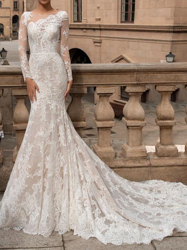 Modest Sleeve Lace Mermaid Wedding Dresses Sexy Backless Jewel Neck Appliques Ruched Long Bridal Gowns Robes de mariage BC18635
