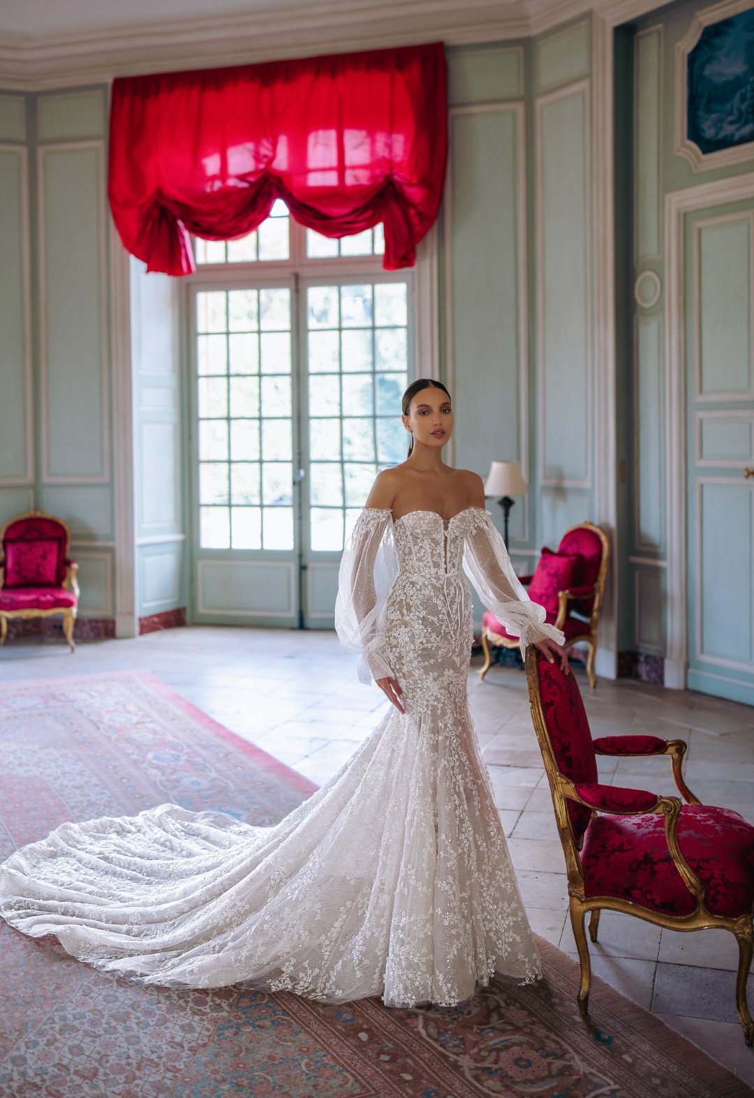 2024 Beading Embroidery Lace Off Shoulder Full Puff Sleeves Mermaid Wedding Dress With Full Flowers Prints Trumpet Bridal Gowns