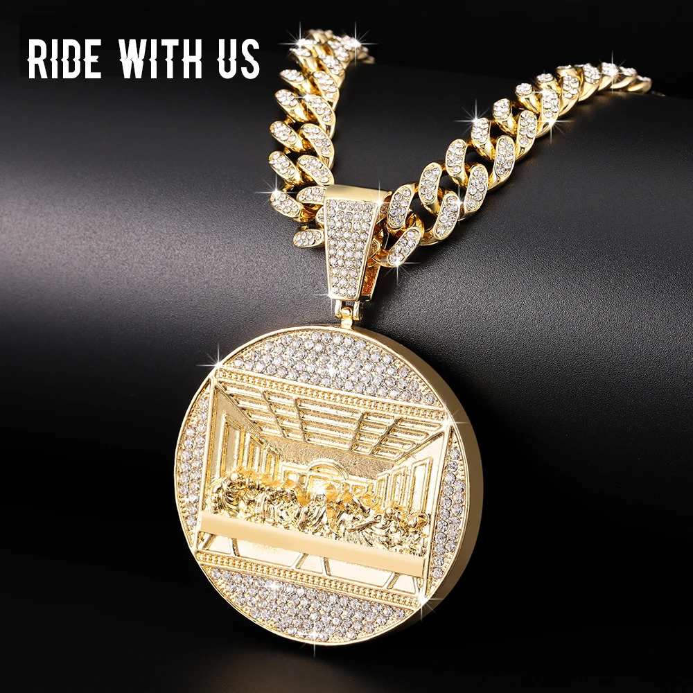 Hip Hop Last Supper Pendant Necklace Iced out Jesus Religious Pendant Cuban Chain Rapper Jewelry for Men and Women Gifts 240323
