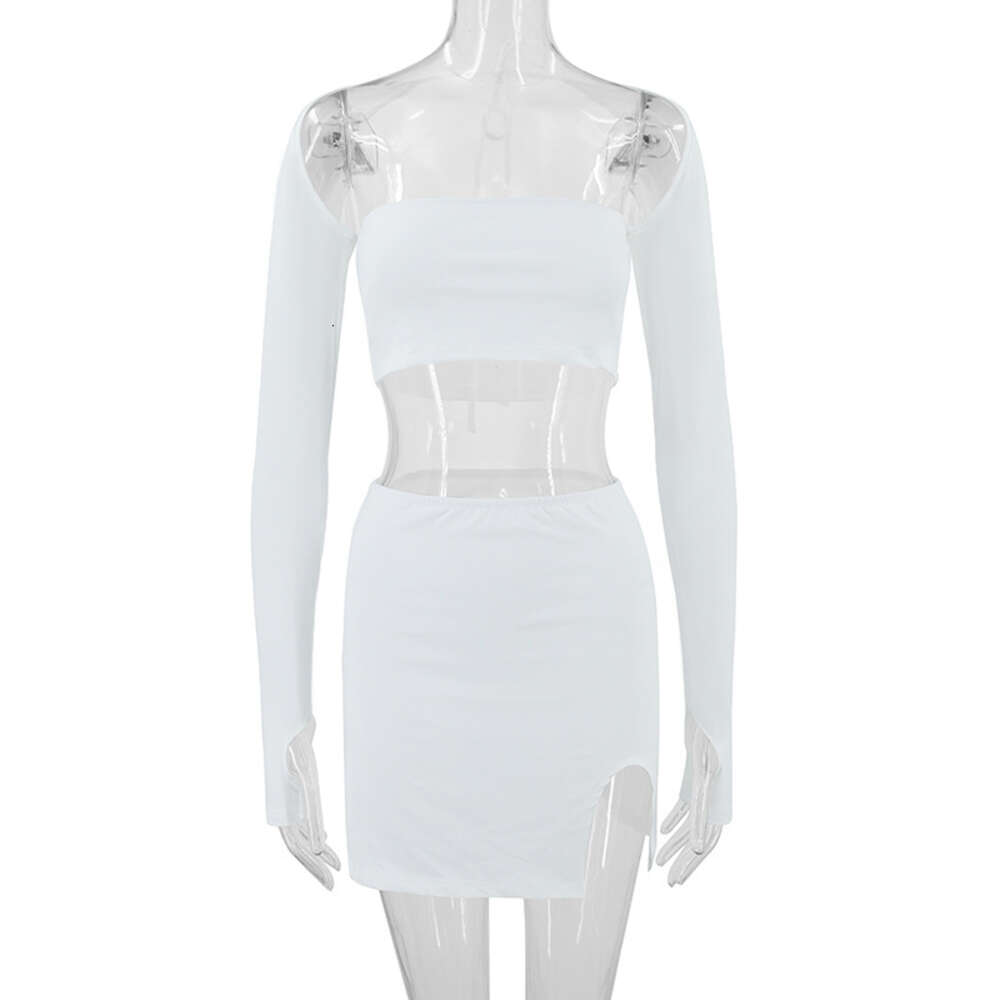 2024 Autumn/winter New Wrapped Chest Long Sleeve Lace Up T-shirt Top Split Half Skirt Set for Women F41927