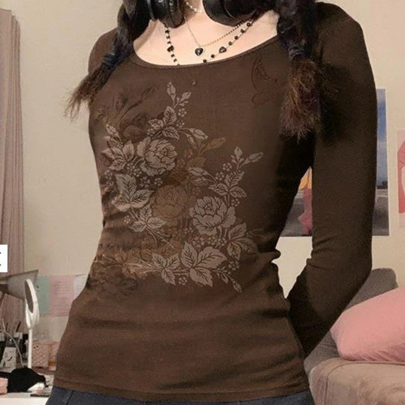 Y2K 2000s Vintage T -Shirt Indie Graphic Print Crop Top Autumn Aesthetic Women Clothes Long Sleeve Fairycore Grunge Streetwear 240409