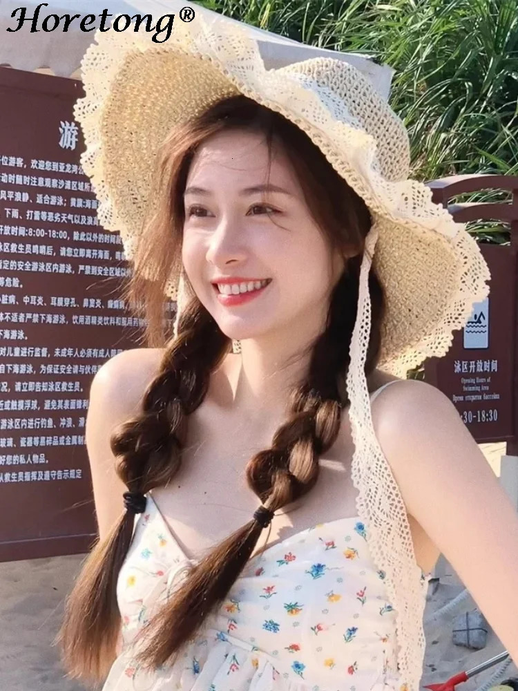 Horetong Femme Beach UV Protection Cap Korean Fashion Hollow Lace Up Foldable Sun Hat Women Summer Large Brim Beach Visors Hat 240323