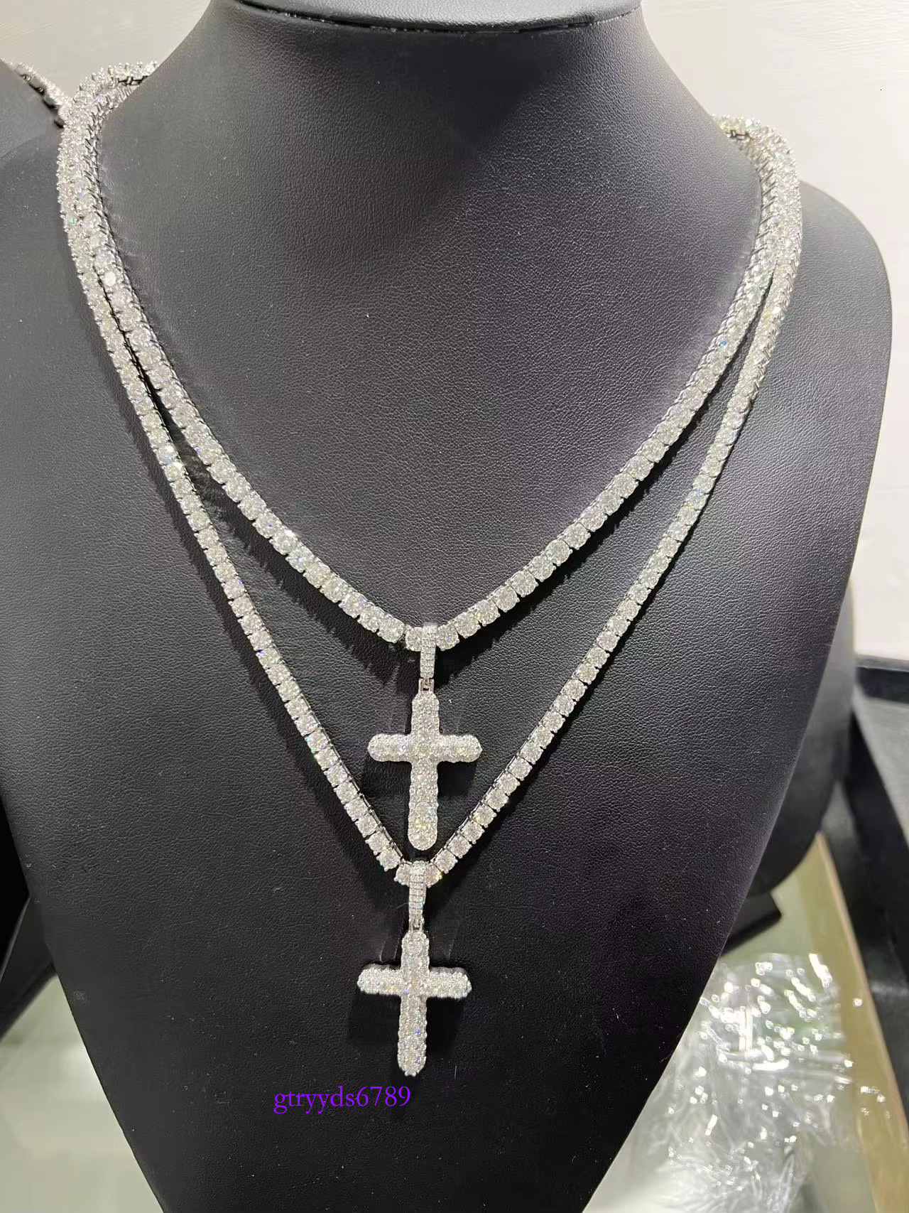 wholesale VVS Moissanite Dia Tennis with cross Necklace sier Plated Jewelry Chain