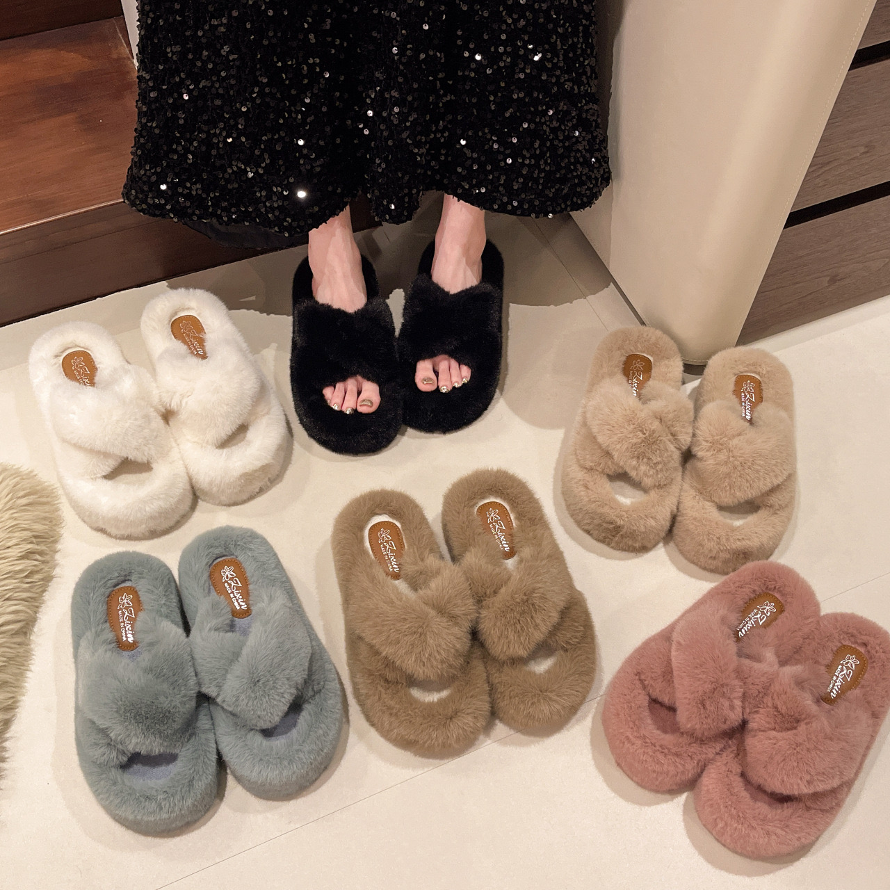 band Cross slippers women cut-out solid color slides ladies comfy indoor flipps rabbit fur New open toe femmes pantoufles