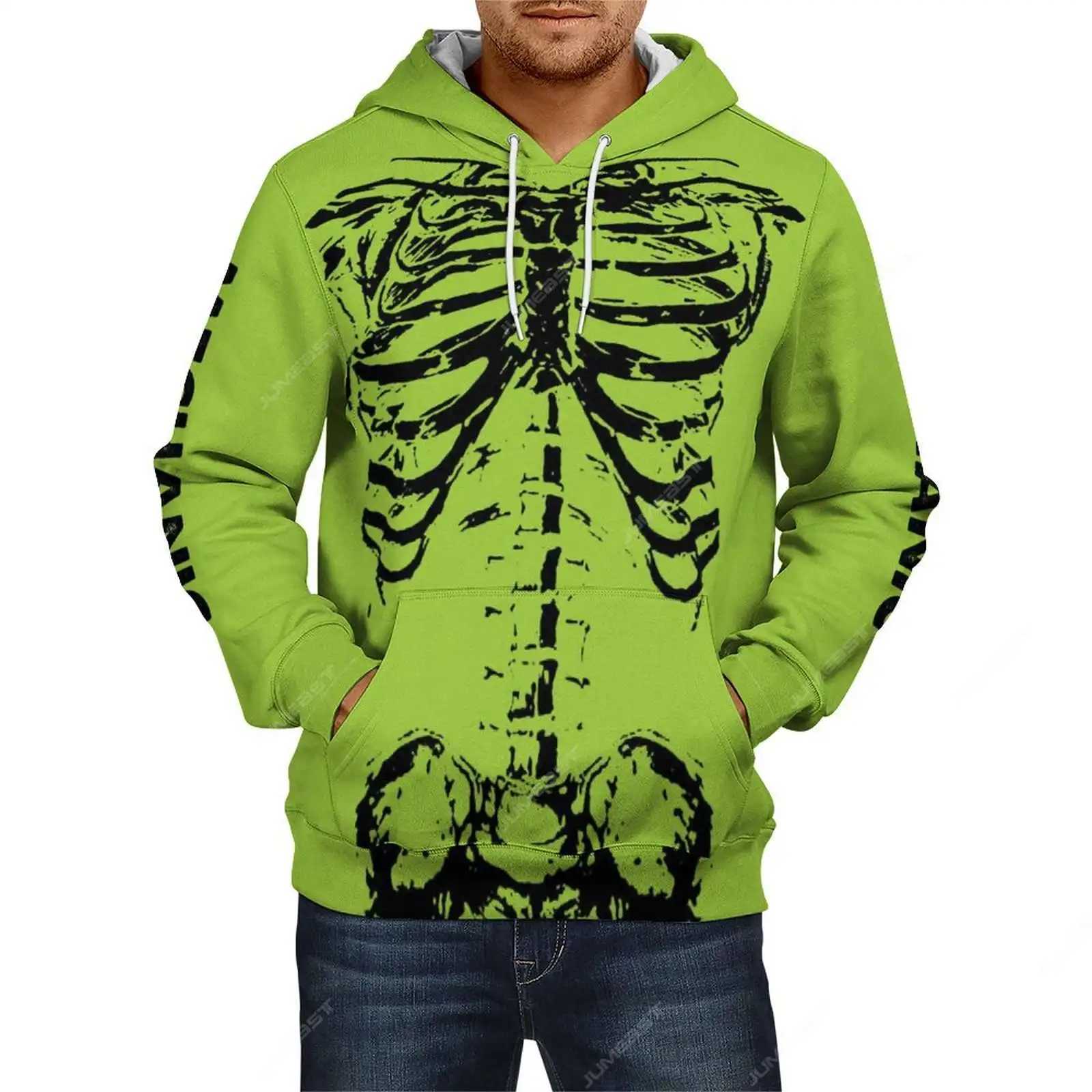 New Arrival Giant Neon Green Mechanical Skeleton Mens Zipper Hoodie Dark Academy Horror Hoodie Gothic Raincoat Z241118