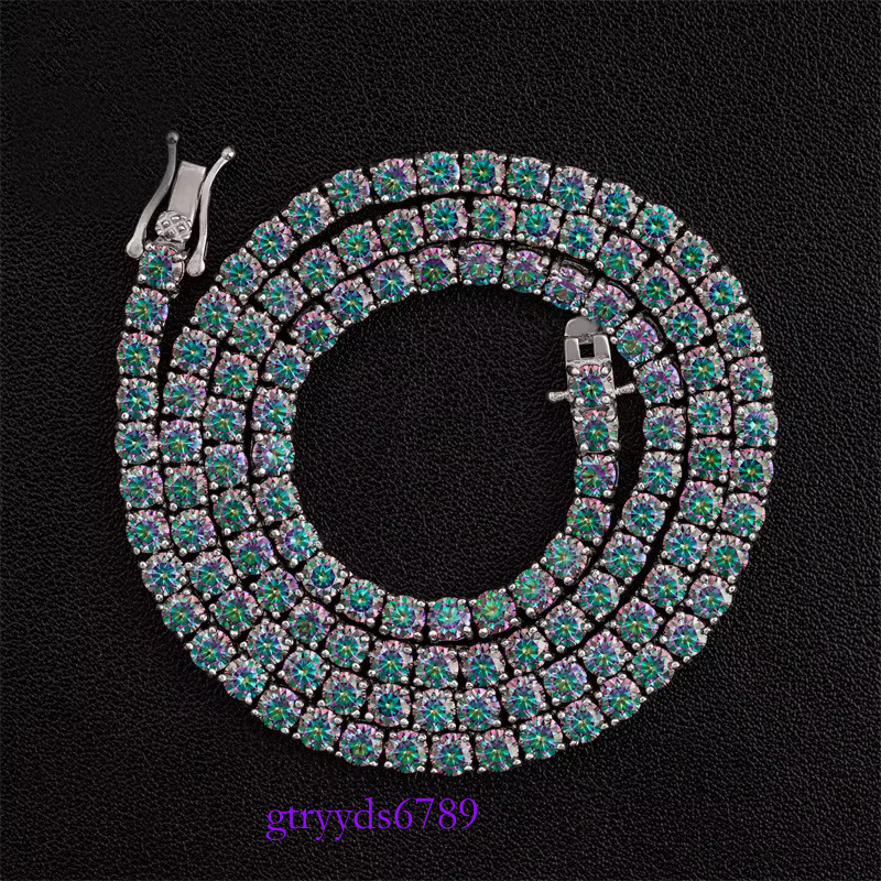 3-4mm Rainbow Blue Green Tennis Chain Women D VVS Moissanite Pass Dia Tester Hip Hop S Sier Necklace