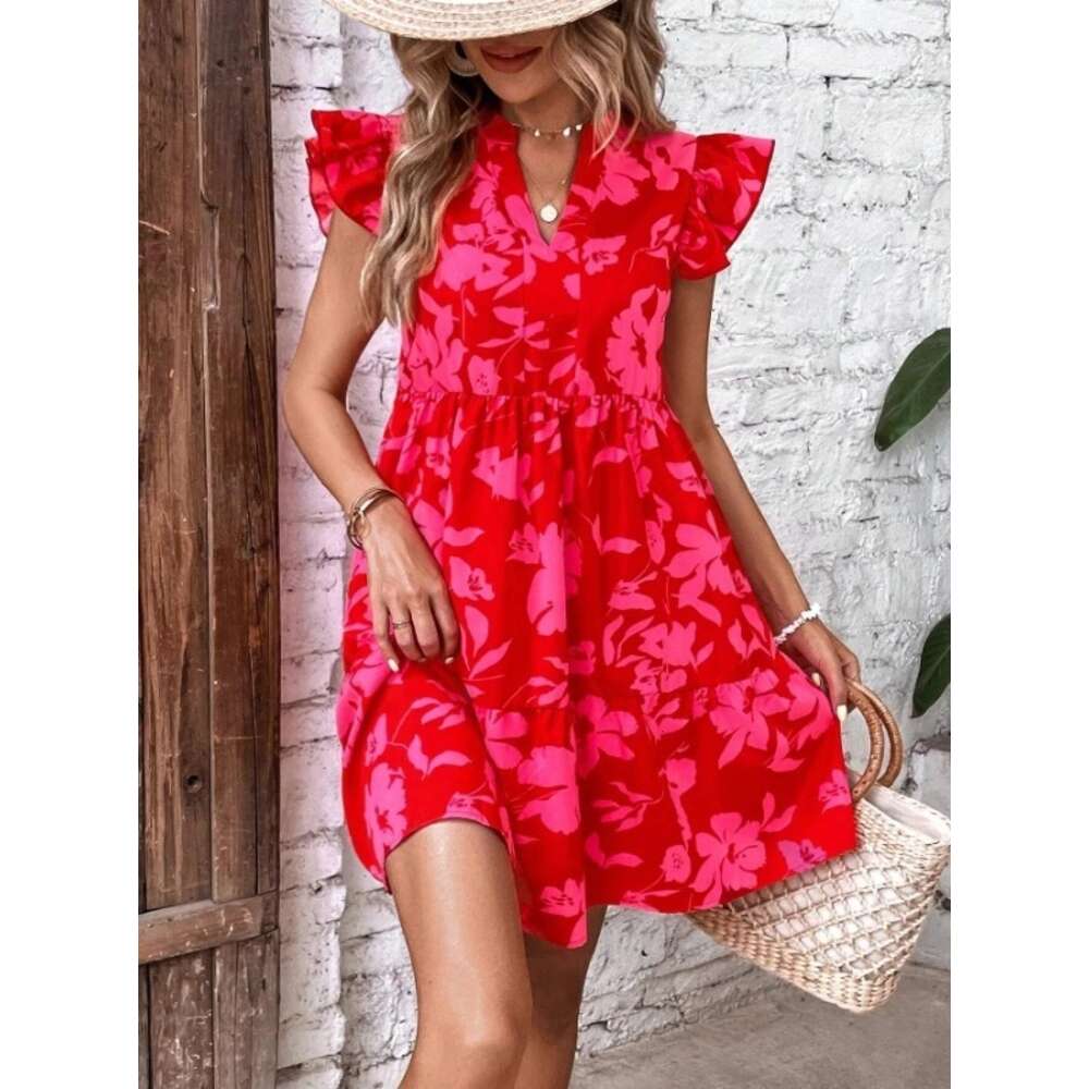 Women's 2024 Spring/summer New Lotus Leaf Sleeves V-neck Loose Waist Printed Dress F41933