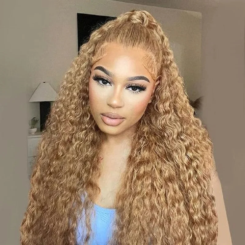 32Inch 13x4 Kinky Curly Wig Lace Frontal Simulation Human Hair Wigs Water Wave For Black Women Synthetic Silky Loose Deep Wave Closure Wig Ready To We