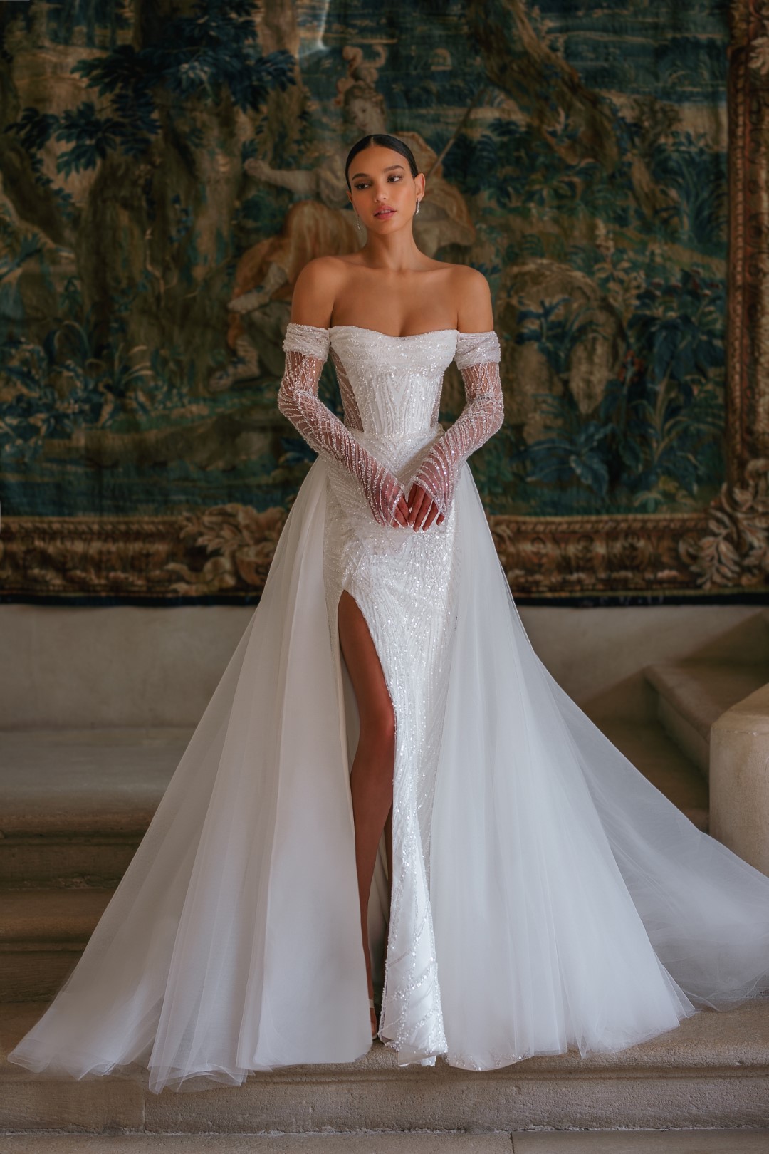 Elegance Beading Sequined And Pearls Lace Ruched Strapless 2 In 1 Mermaid Wedding Dress With Removable train Off Shoulder Full Sleeves Trumpet Bridal 